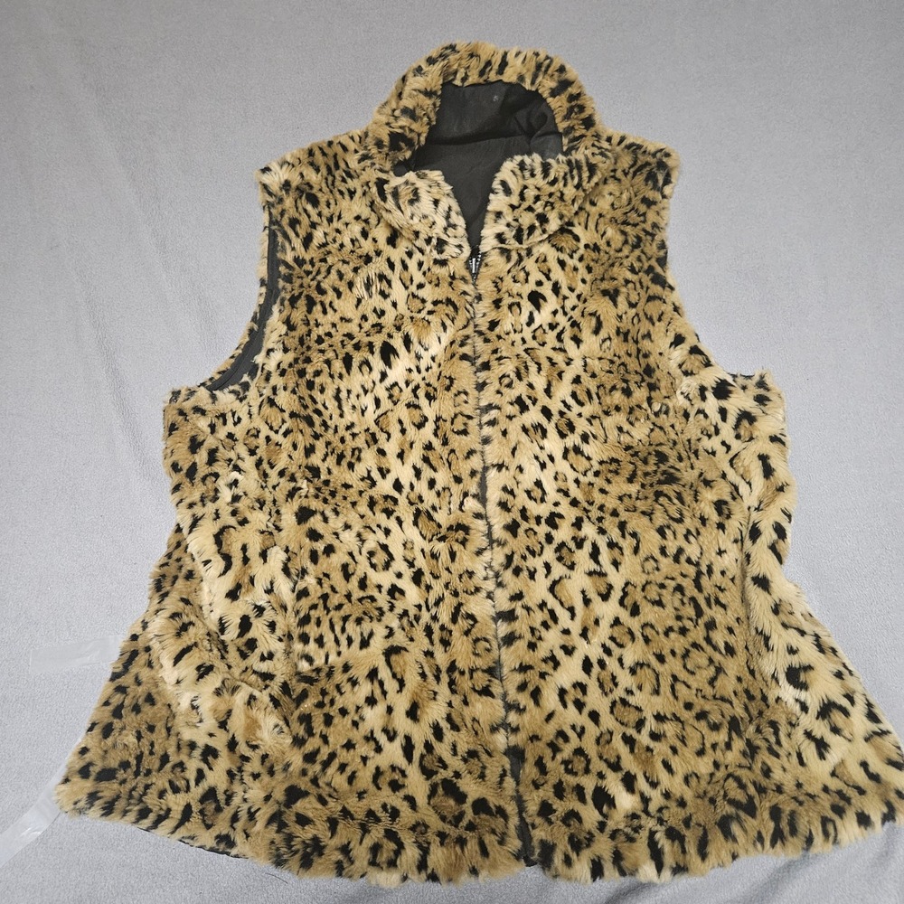 Kristen Blake Reversible Leopard Faux Fur Vest Black Zip Front Womens Large